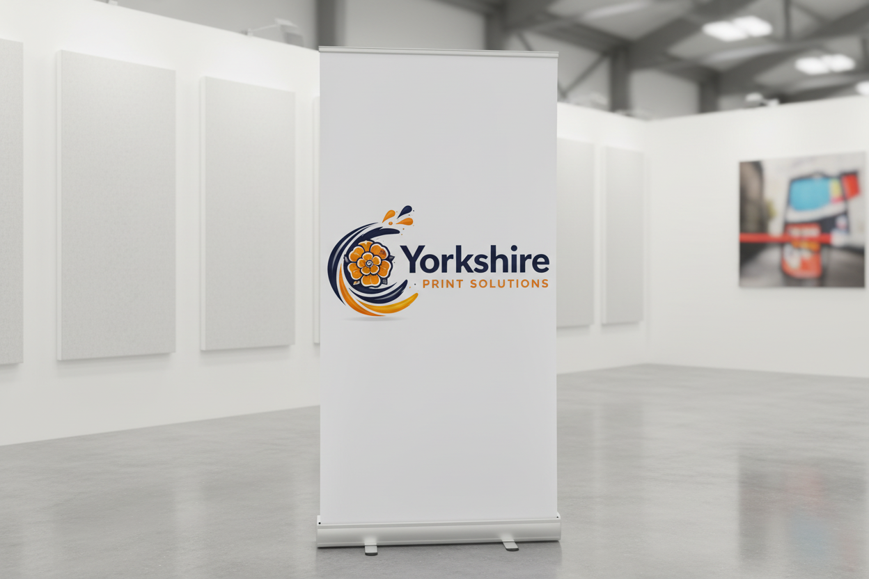 Custom printed roller banner stand in a modern office with Yorkshire Print Solutions branding