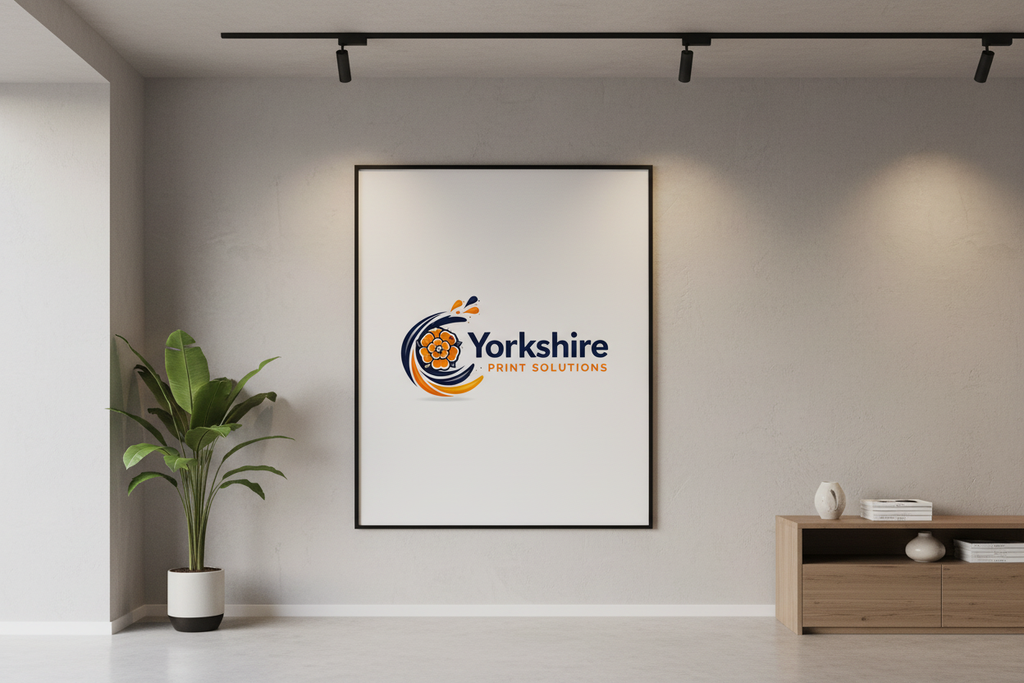 Custom printed poster framed on a wall in a stylish retail space with Yorkshire Print Solutions branding