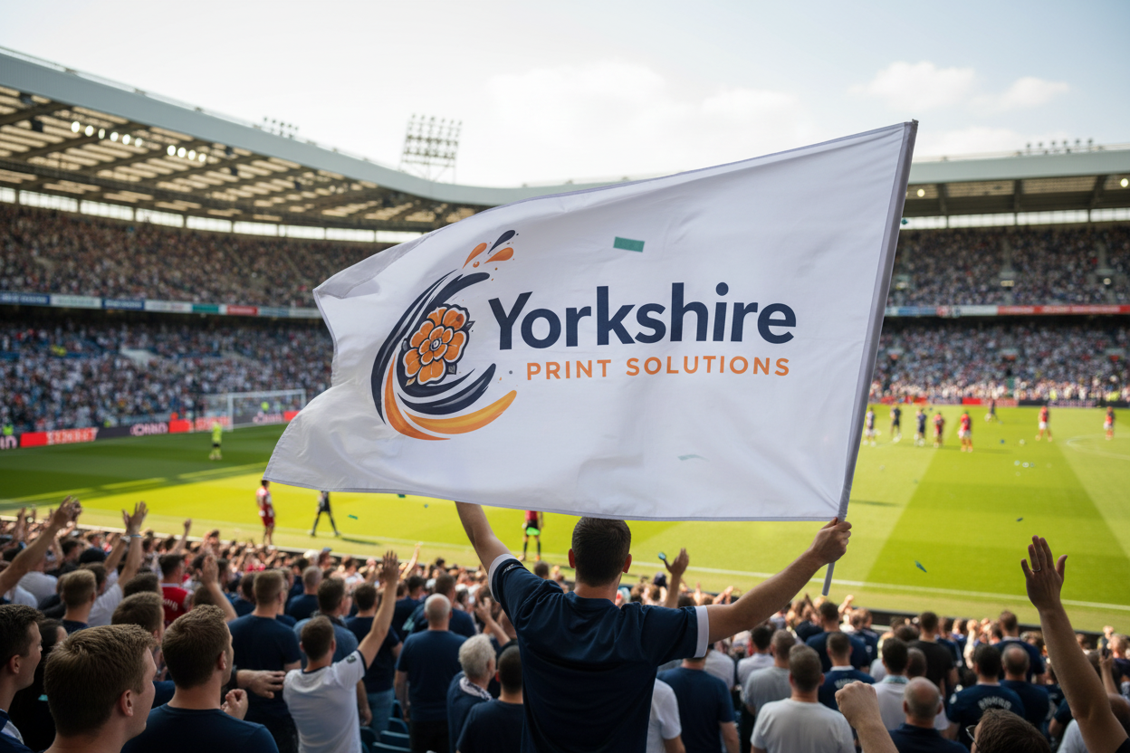 Custom printed football flag with Yorkshire Print Solutions branding being waved in a stadium