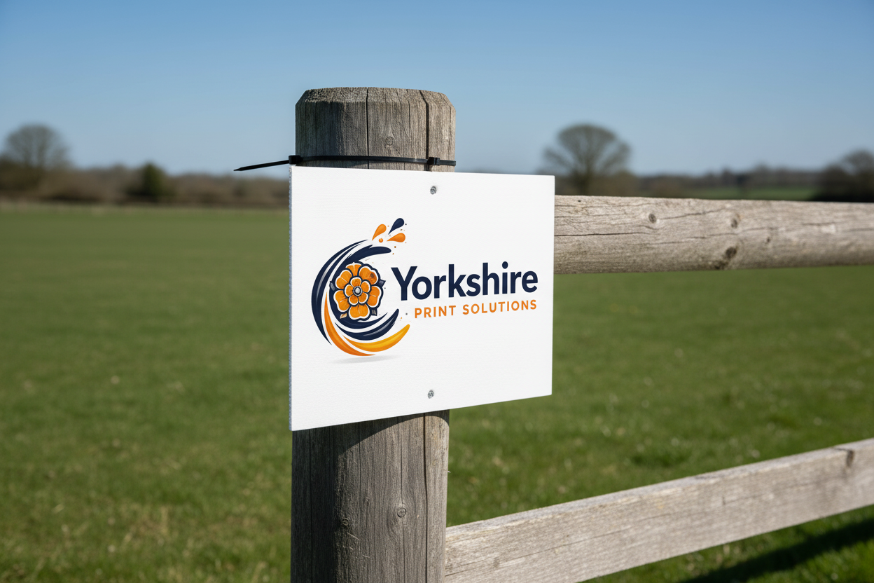 Custom printed Correx board sign fixed to a fence with Yorkshire Print Solutions branding