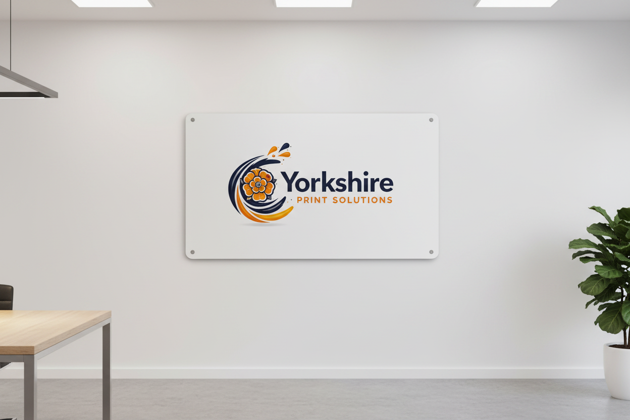 Custom printed Foamex board mounted on a wall in a modern office with Yorkshire Print Solutions branding