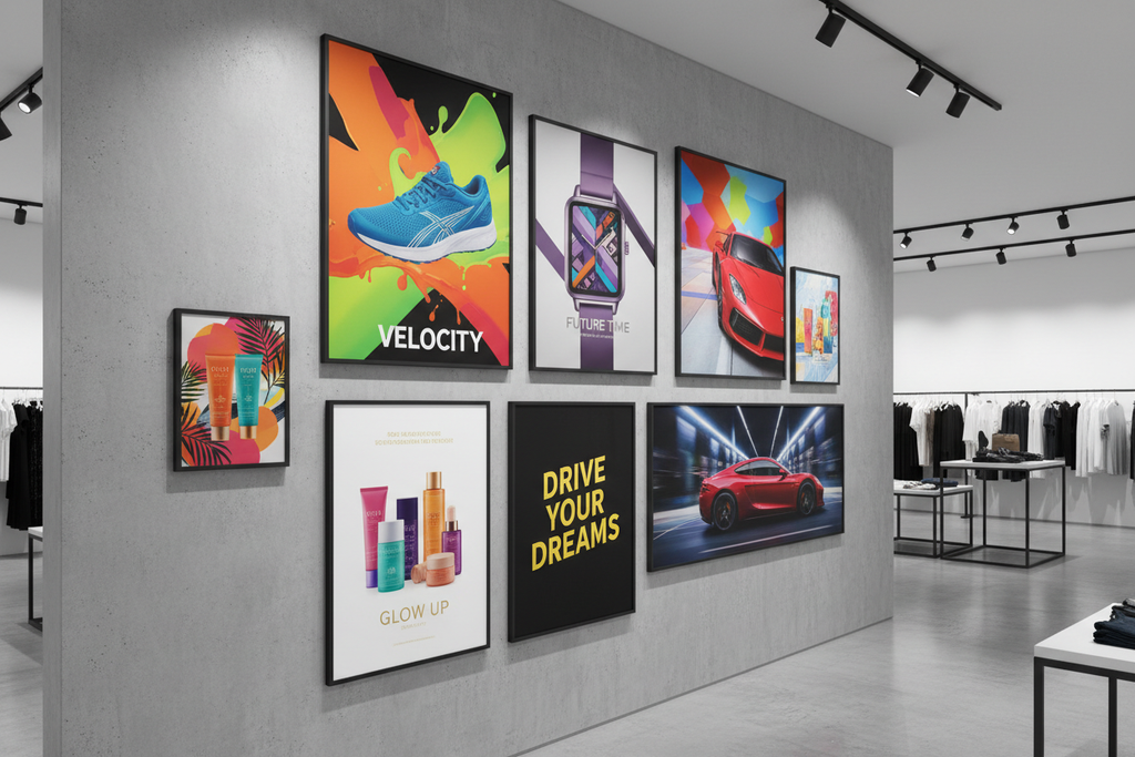 Professionally printed posters displayed on a wall in a modern retail environment